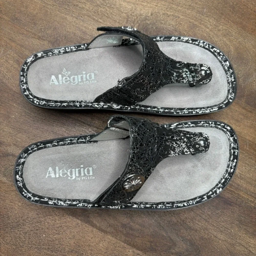 Alegria Sandals EU Size 36 US 6 Black Metallic Leather Arch Support‎